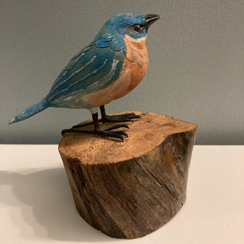W. Saverick hand carved and hand painted wooden Bluebird. Signed by artist